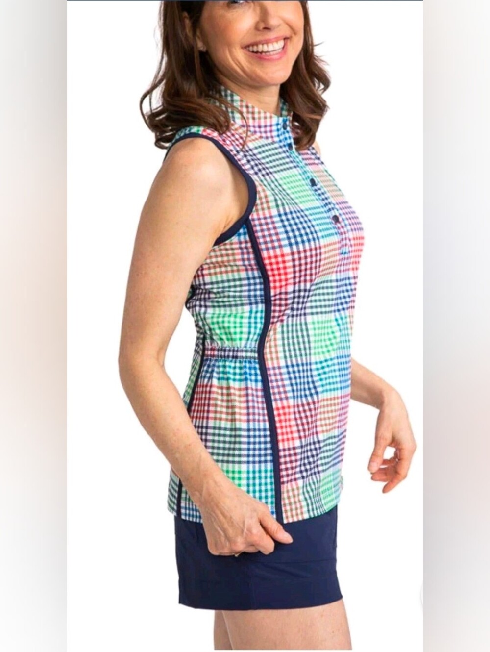 KINONA Golf Top Make It Snappy Sleeveless Plaid Madras UPF 50 LARGE